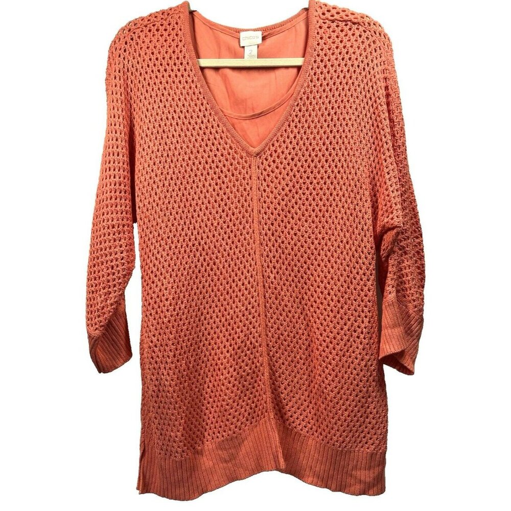 Chicos Crochet Open Knit Tunic Pullover L Layered‎ Tank Slits Orange Boho V Neck